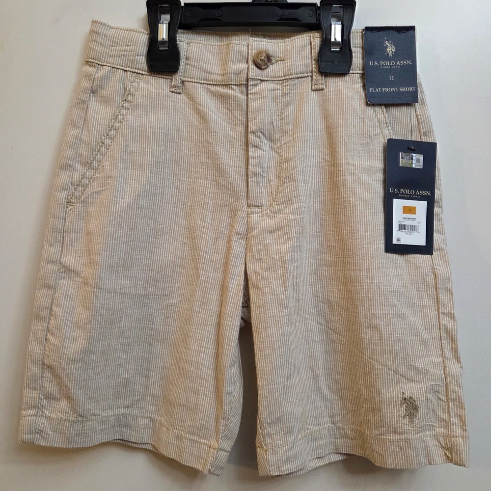 US Polo Assn Boys Hartford Flat Front Striped Shorts Tan White Size 12 NWT
